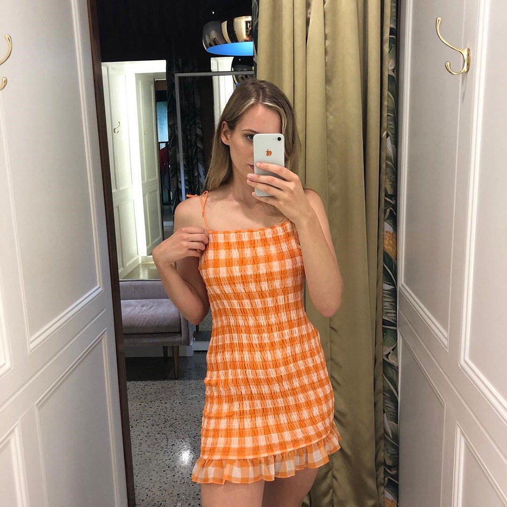 Plaid pleated dress with halter strap