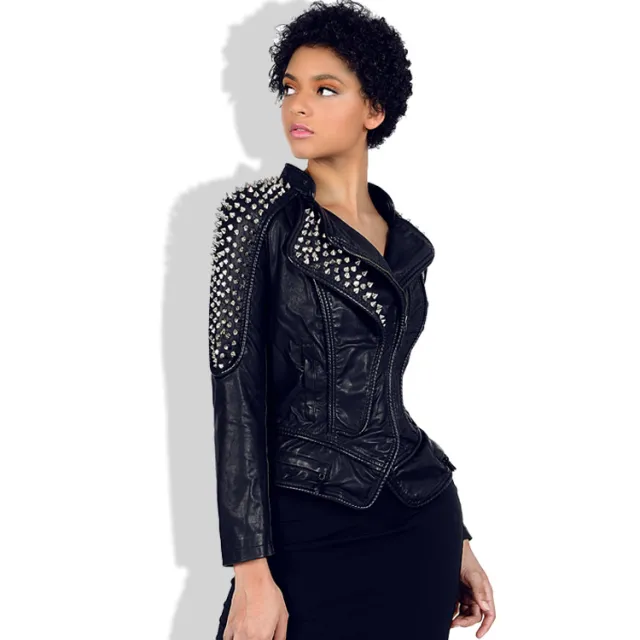 Women's locomotive shrug rivet slim fit lapel leather jacket Black - Shop at LoveMi