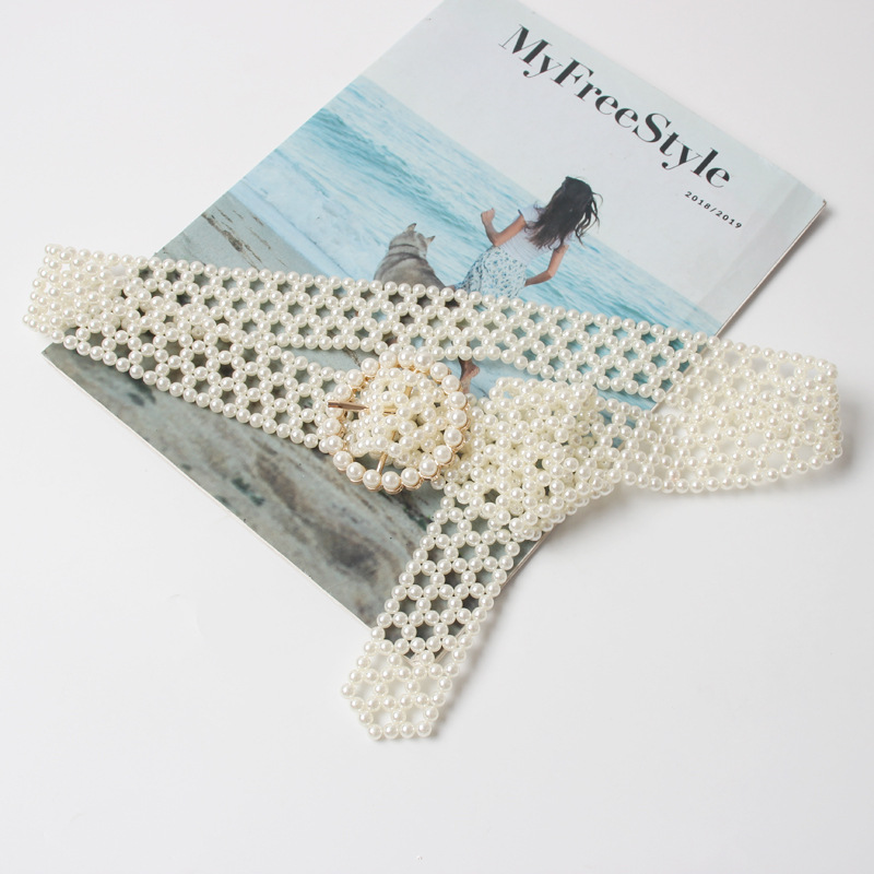 Hand openwork braided pearl belt