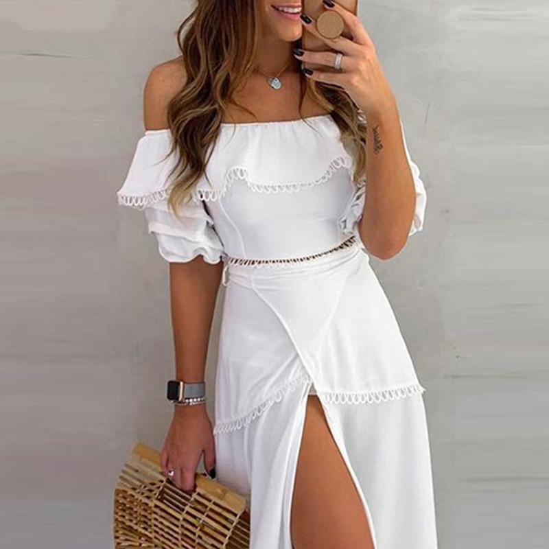 Off-the-shoulder ruffled high-open dress