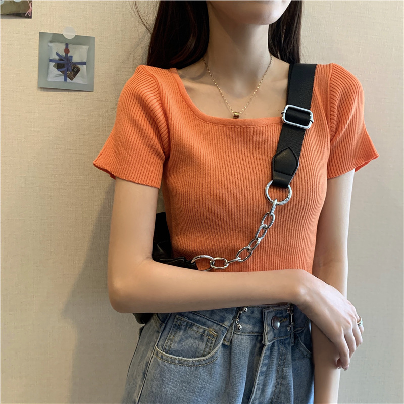 Square collar collarbone short sleeve sweater