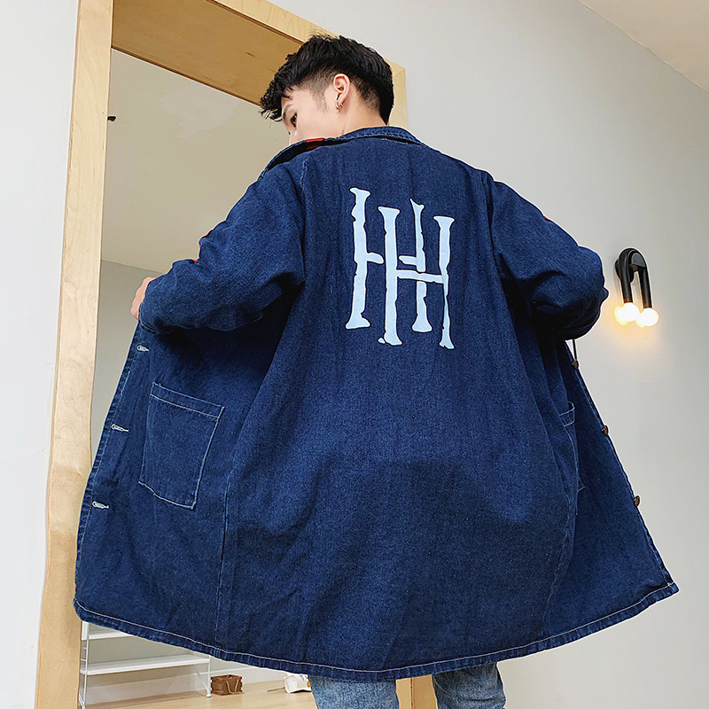 Men's autumn printed long denim jacket