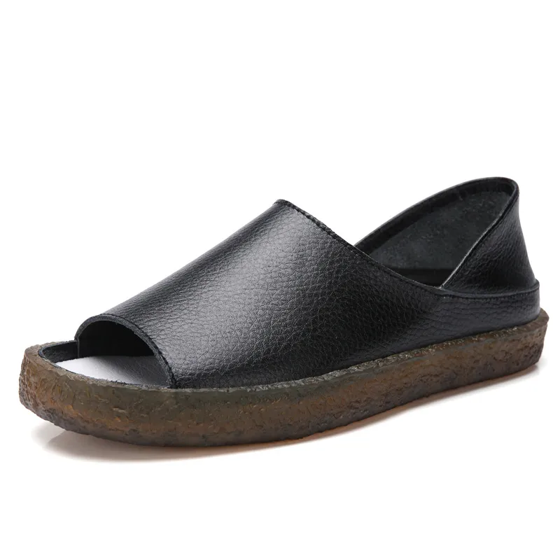 Fish mouth leather sandals - Black