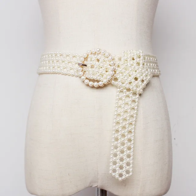 Hand openwork braided pearl belt White - Shop at LoveMi