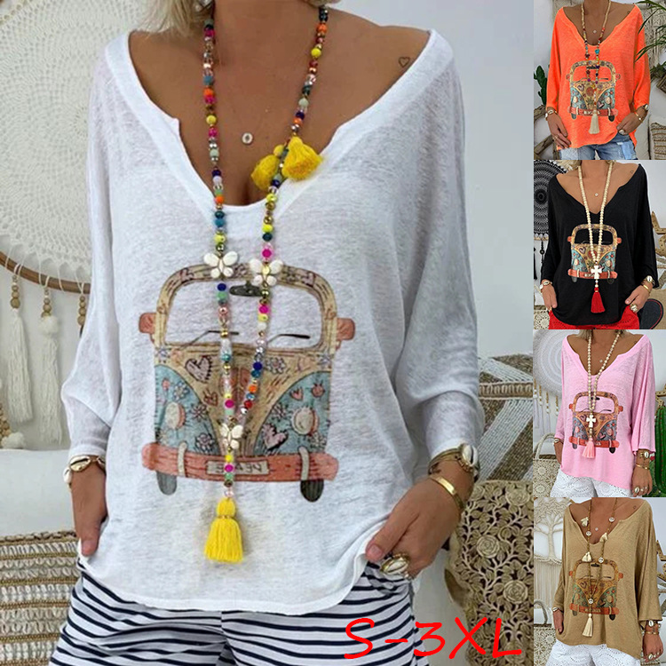 V-neck cartoon car print ladies shirt