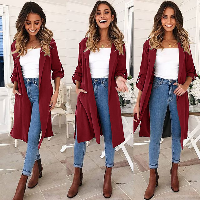 Women's long trench coat jacket Wine Red - Shop at LoveMi