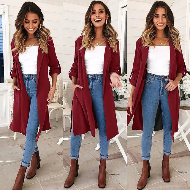 Women's long trench coat jacket Wine Red - Shop at LoveMi