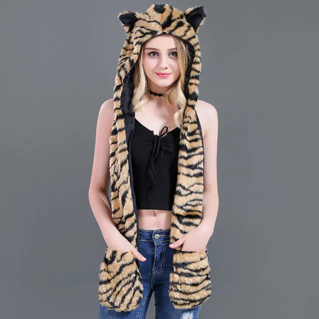 Stuffed animal hat cute cartoon hat scarf gloves Tiger Pattern - Shop at LoveMi