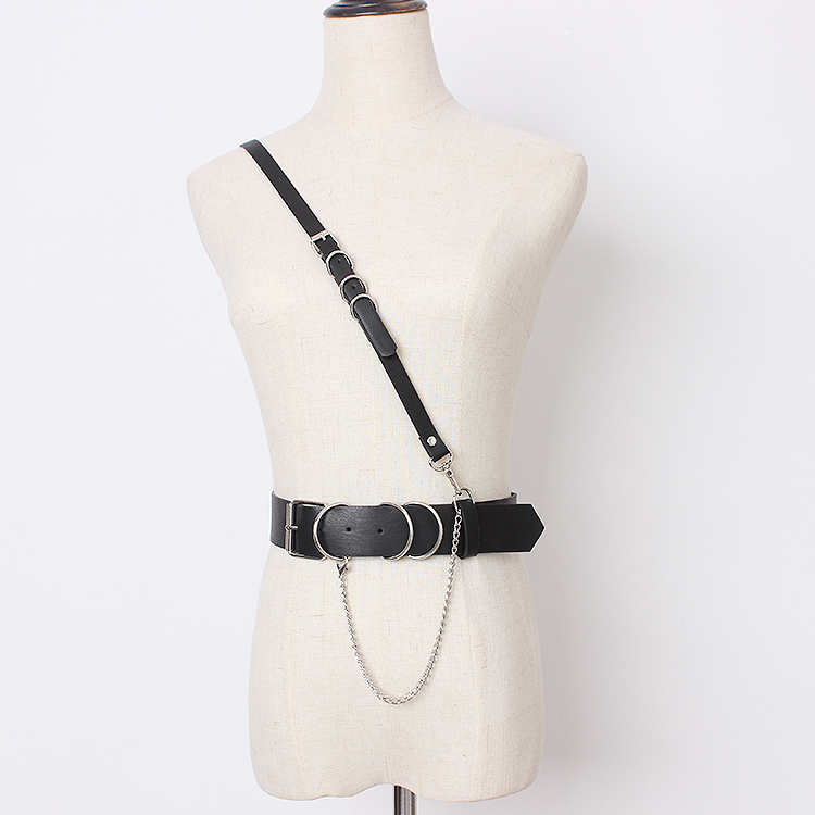Concave shape black strap leather chain
