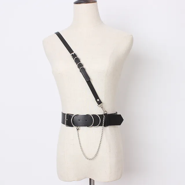 Concave shape black strap leather chain Black - Shop at LoveMi