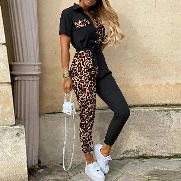 Lapel printed jumpsuit - Leopard