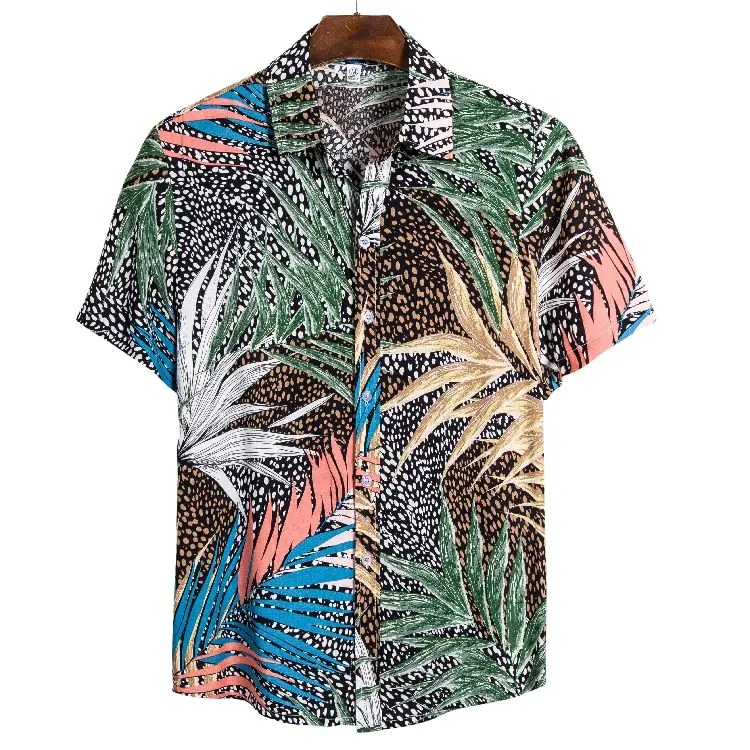 Vintage Style Tropical Leaf Print Short Sleeve Button-Down Shirt — M