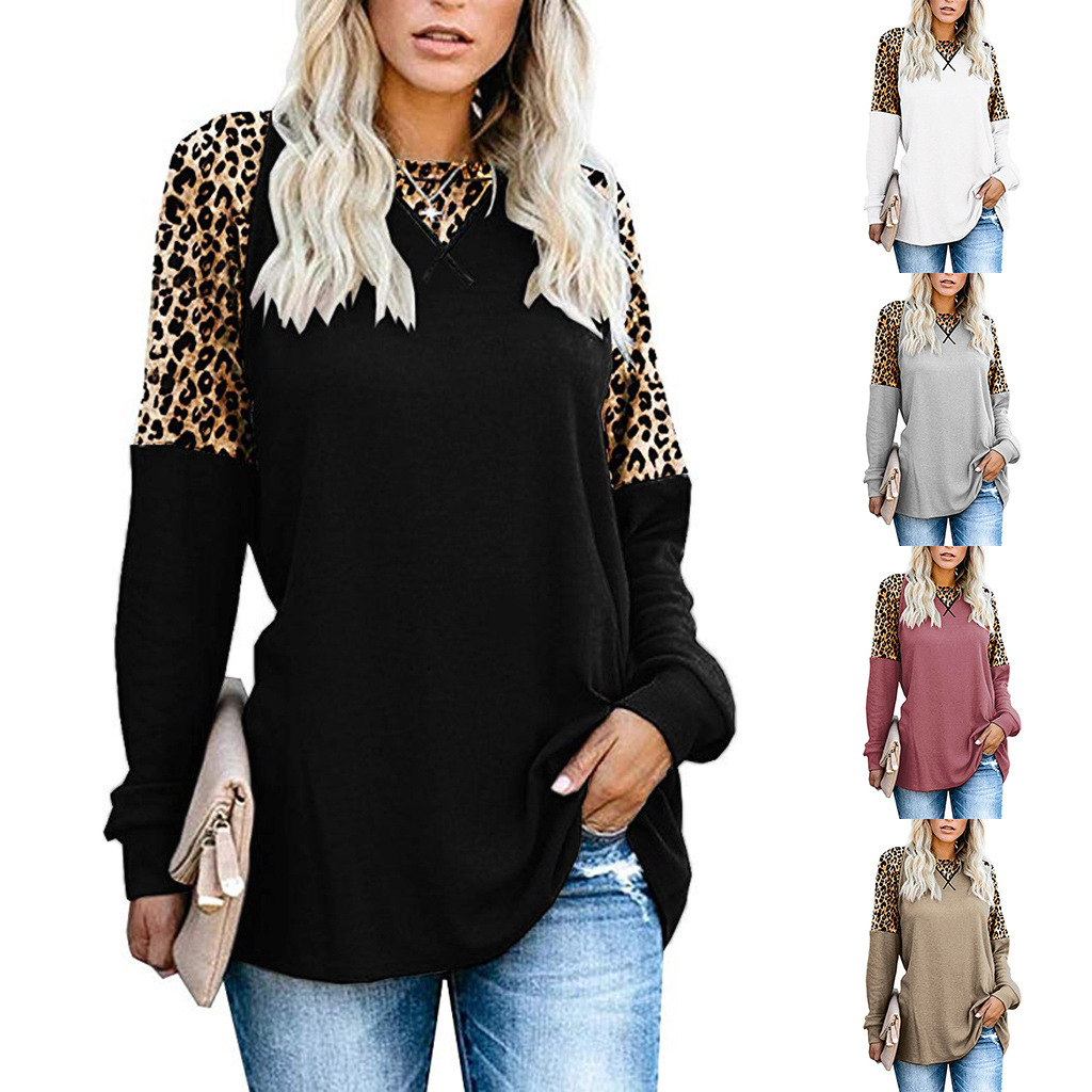 Round neck leopard print casual long-sleeved T-shirt