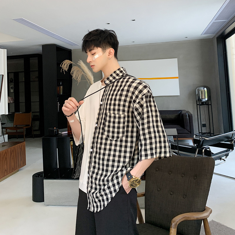 Men's stitching check half-sleeved loose shirt