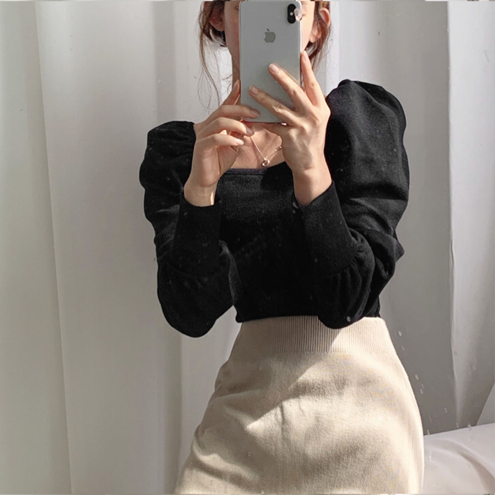 Bubble long sleeve square collar knitted top