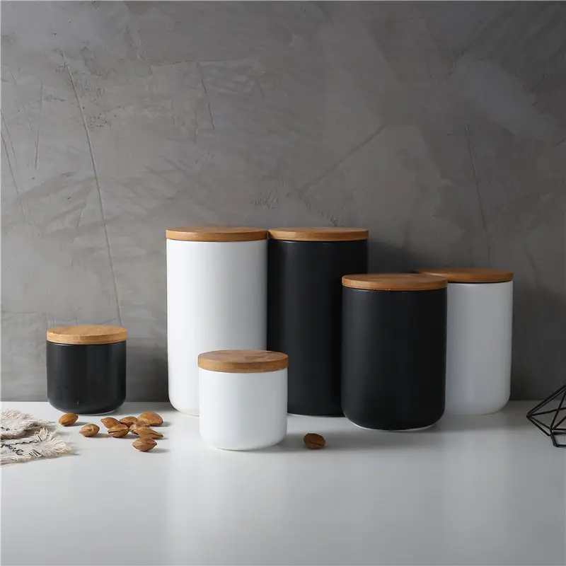Kitchen Ceramic Wooden Lid Sealed Storage Jar
