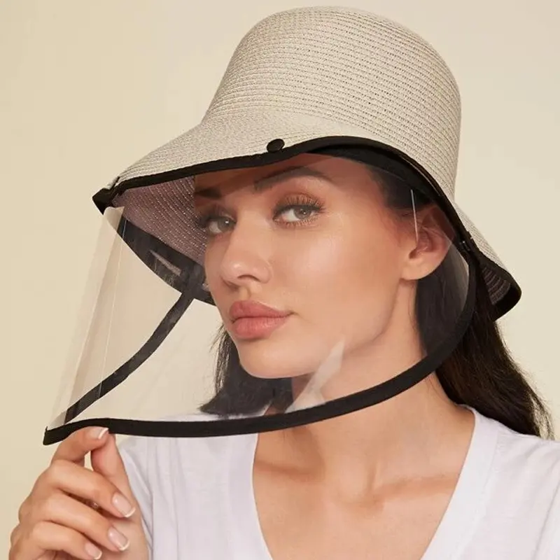 Contrast Trim Straw Hat with Detachable Face Shield