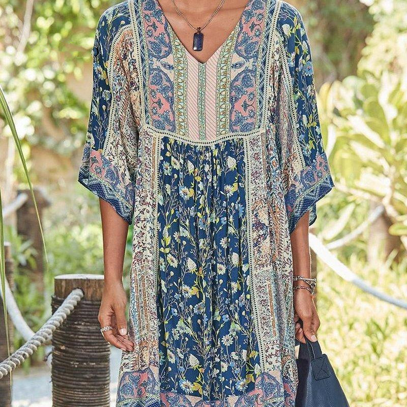 V-neck bohemian print dress