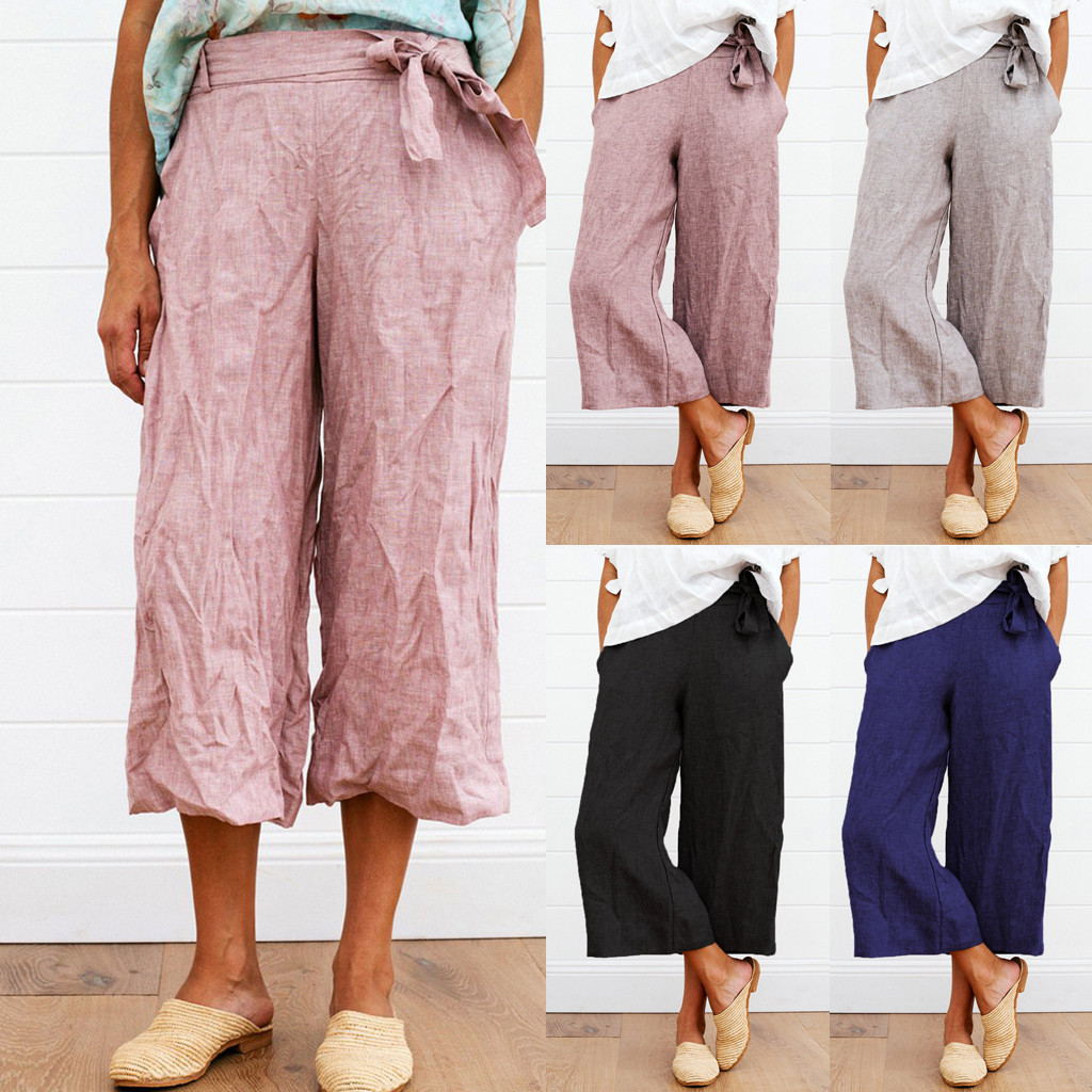 Lace-up cotton and linen slacks