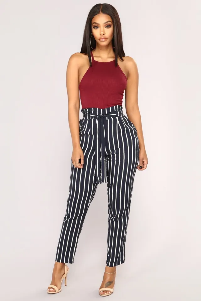Autumn Winter women casual mid waist pants black striped bow tierricdress Black - Shop at LoveMi