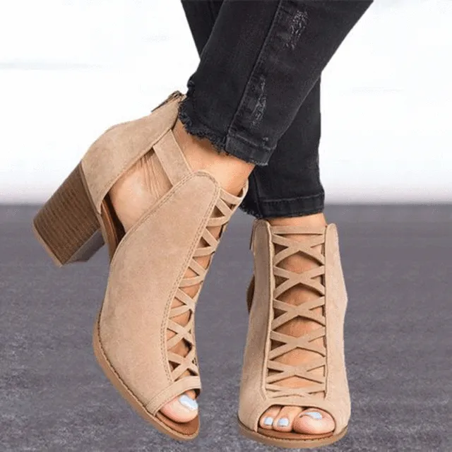 Thick and high heeled Roman fish mouth hollow Beige - Shop at LoveMi