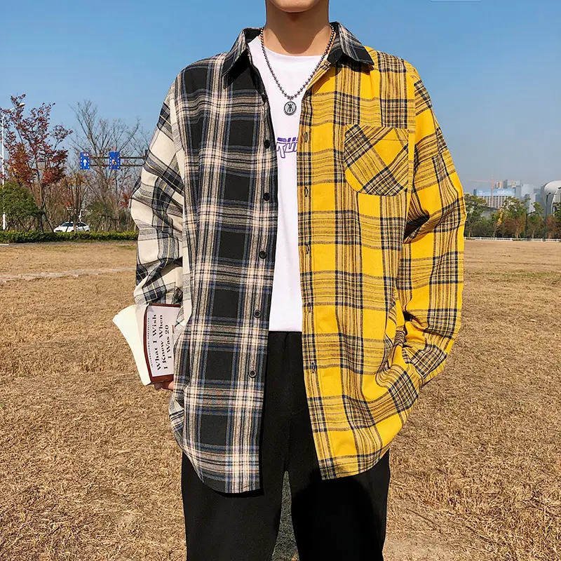 Men's color-block check long-sleeved shirt