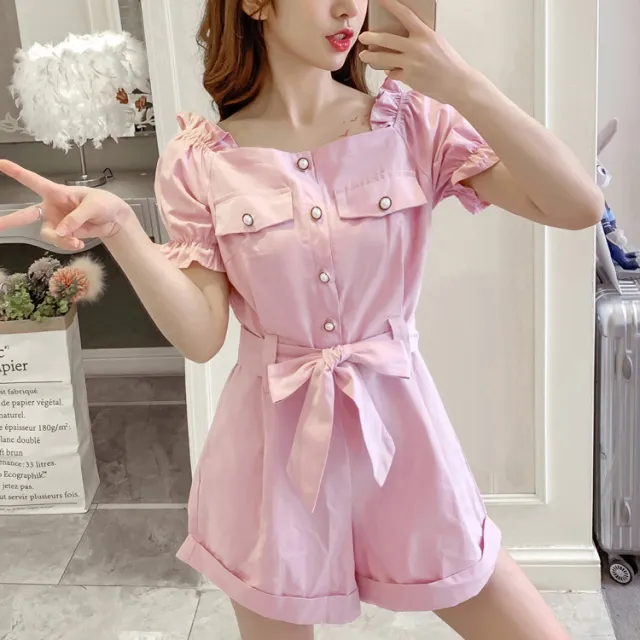Korean slim slimming jumpsuit shorts waist jumpsuit Pink - Shop at LoveMi