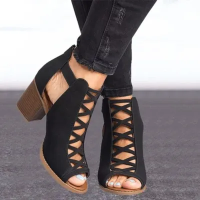 Thick and high heeled Roman fish mouth hollow Black - Shop at LoveMi