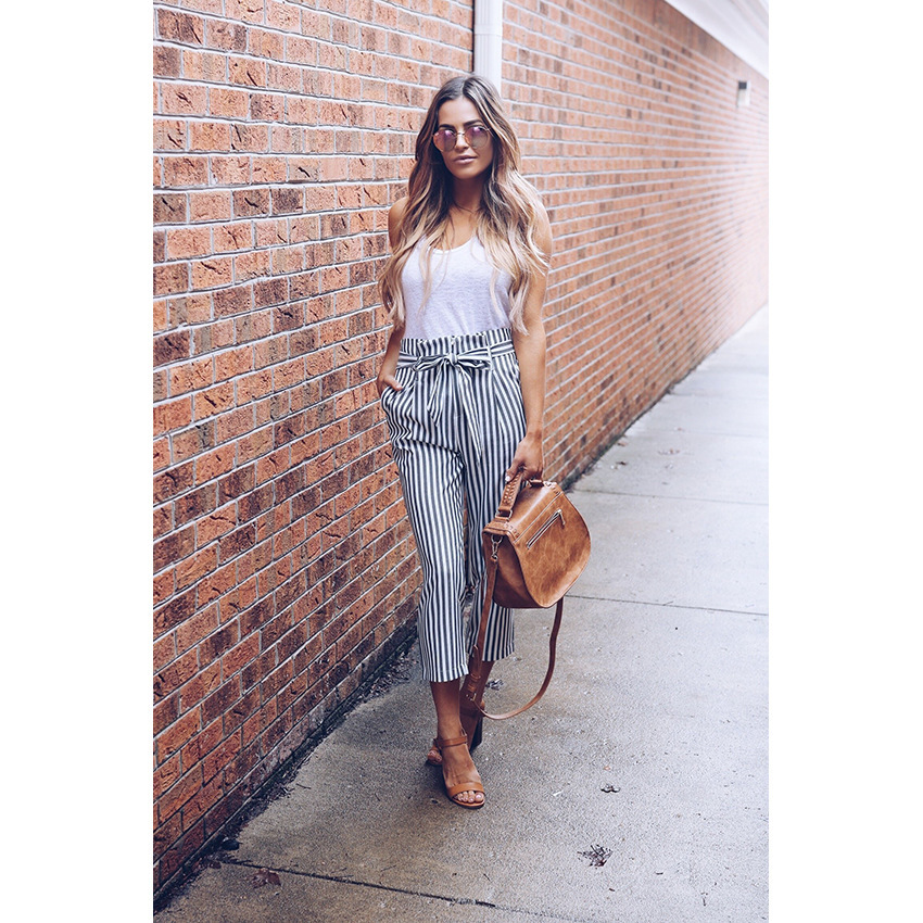 Autumn Winter  women casual mid waist pants black striped bow tierricdress