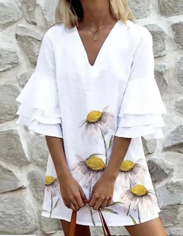 White Lotus Leaf Sleeve Printed Casual Dress White - Shop at LoveMi
