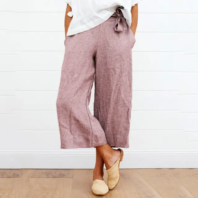 Lace up cotton and linen slacks Pink - Shop at LoveMi