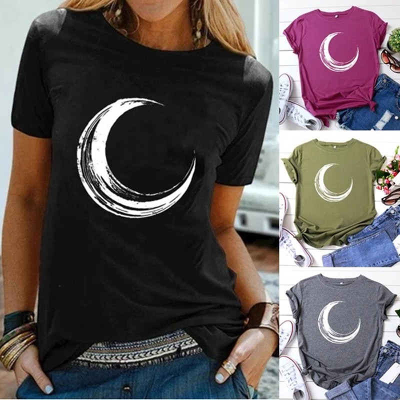 Moon print casual round neck T-shirt women