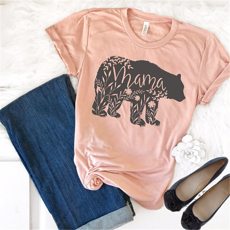 MAMA bear pattern printed casual round neck short sleeve t-shirt
