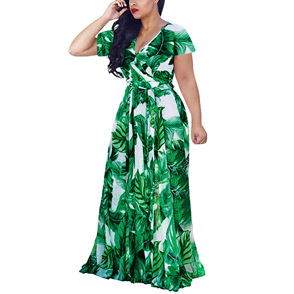 V-neck printed short-sleeved chiffon dress