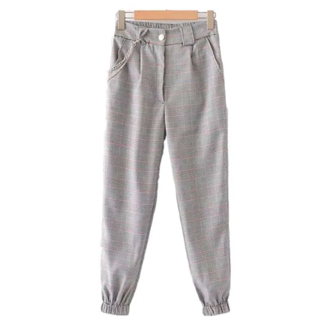 Elastic waist check beam pants Grey - Shop at LoveMi