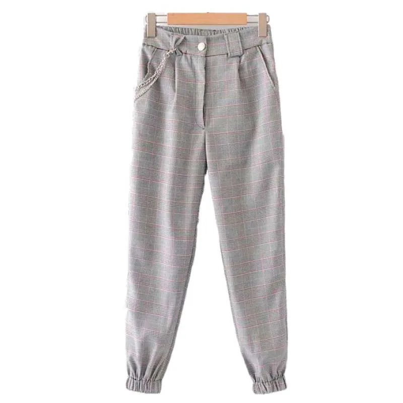 Elastic waist check beam pants - Grey