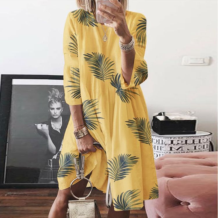 Explosion retro printed O-neck linen dress women
