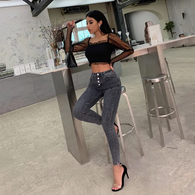 Jeans women's high waist hip buttocks pencil pants Grey - Shop at LoveMi