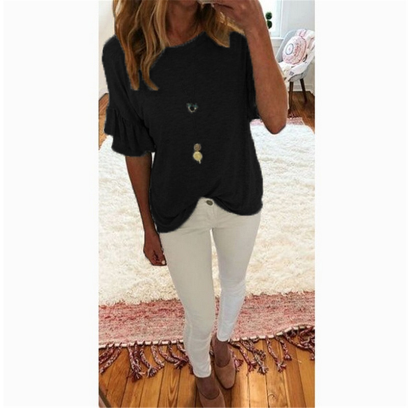 Solid color lotus leaf short sleeve plus size top