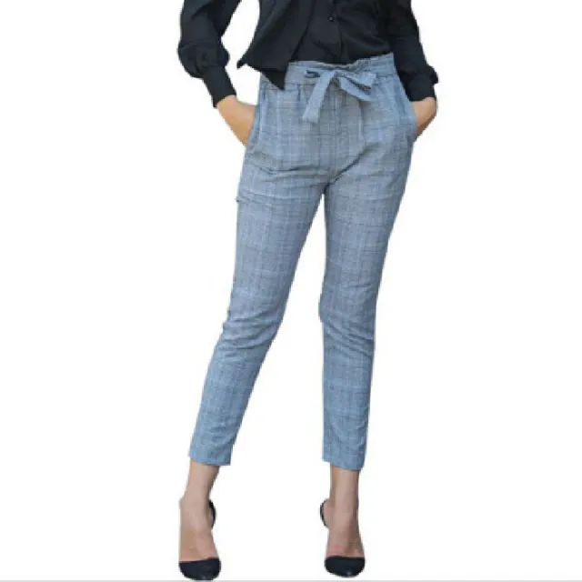 High waist all match casual feet pants Grey Grid - Shop at LoveMi