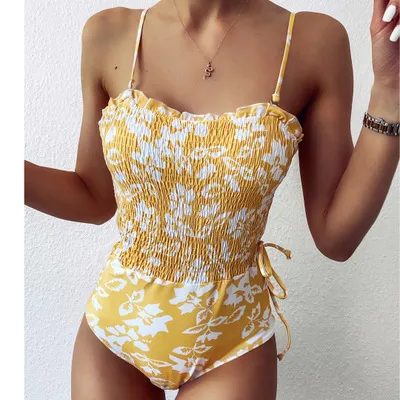 Cabled pleated tube top sling swimsuit Yellow - Shop at LoveMi