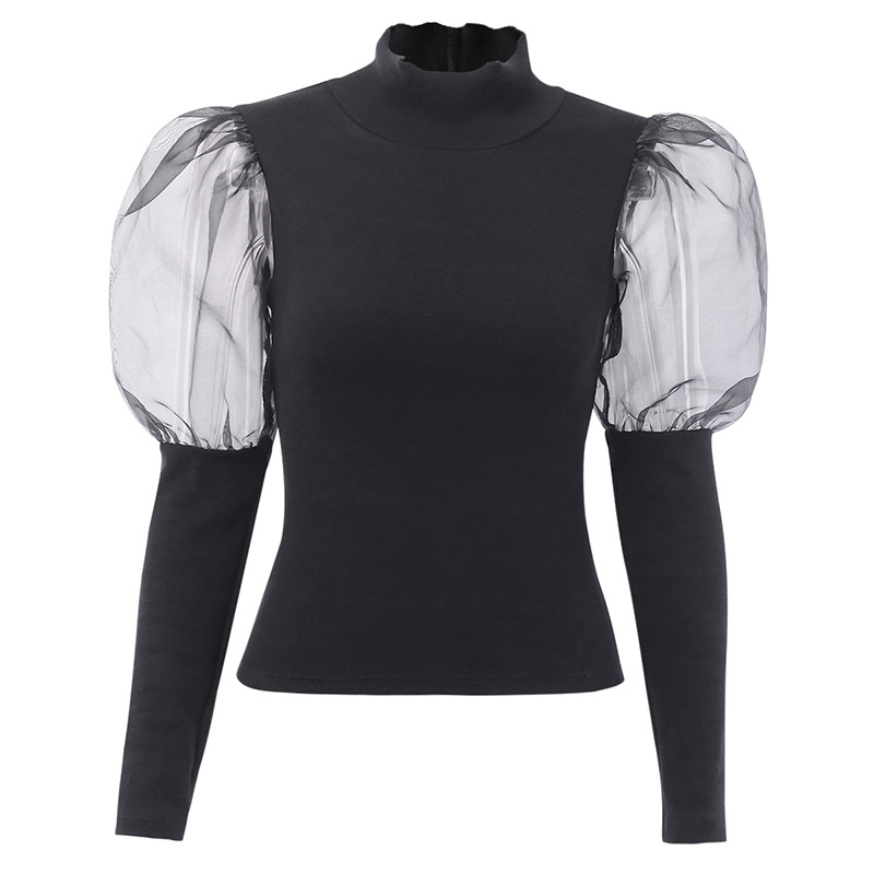 Women's mesh splicing rib puff sleeve top