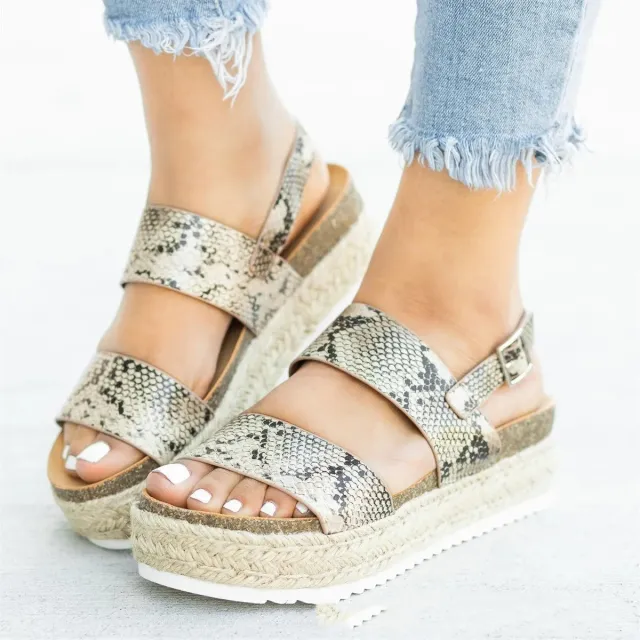 Open toe flat hemp mid heel rubber buckle sandals Serpentine 37 - Shop at LoveMi