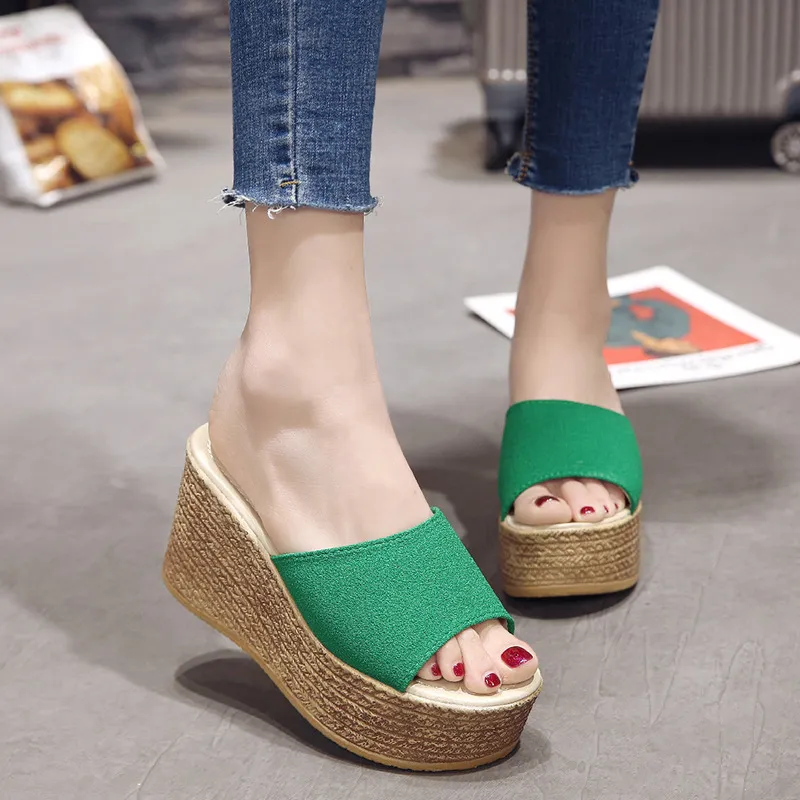 Sponge cake waterproof flat slippers - Green