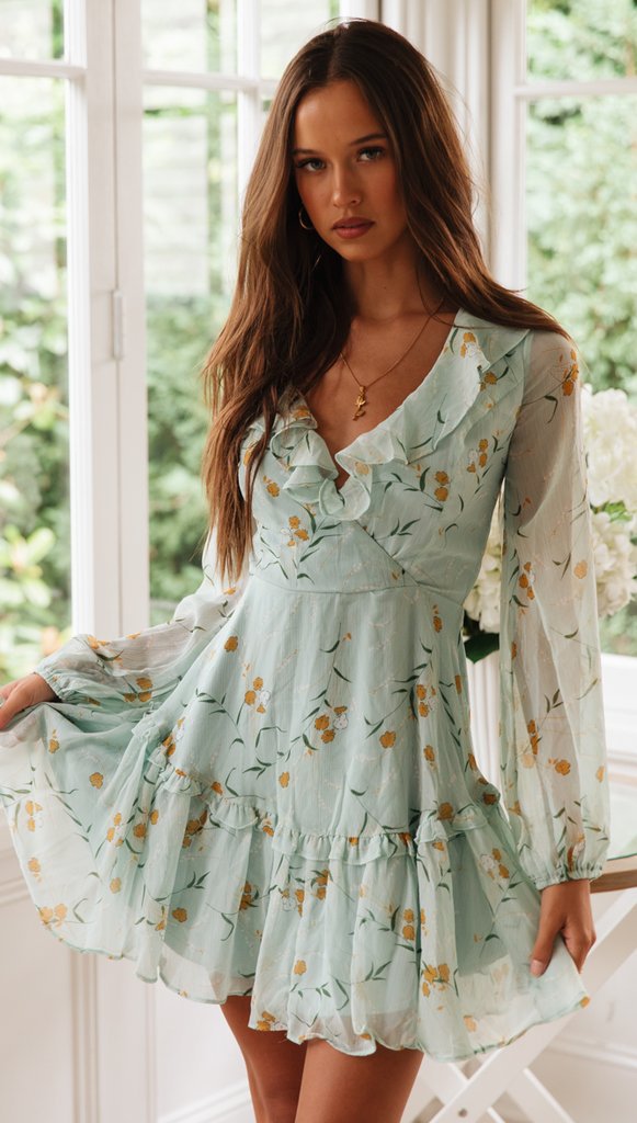 Lace ruffled printed chiffon long sleeve dress