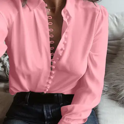 Explosion models Europe and the United States new irregular solid color V-neck sexy buckle long-sleeved blouse
