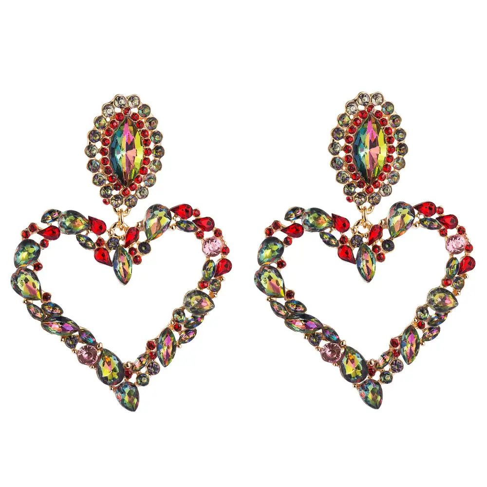 Heart shaped alloy inlaid diamond earrings