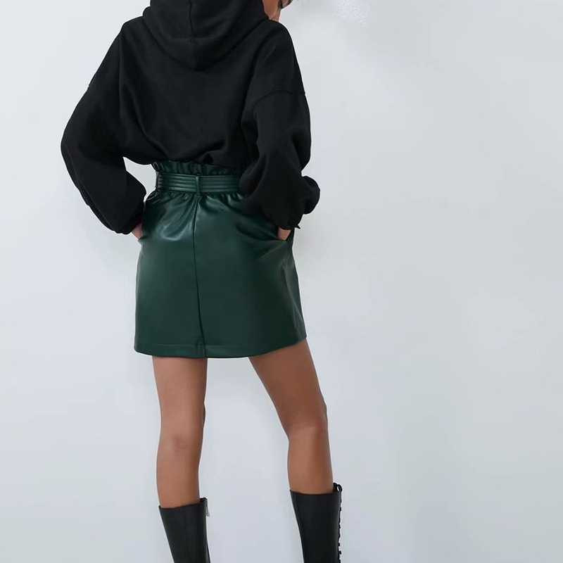 Pure color PU leather skirt