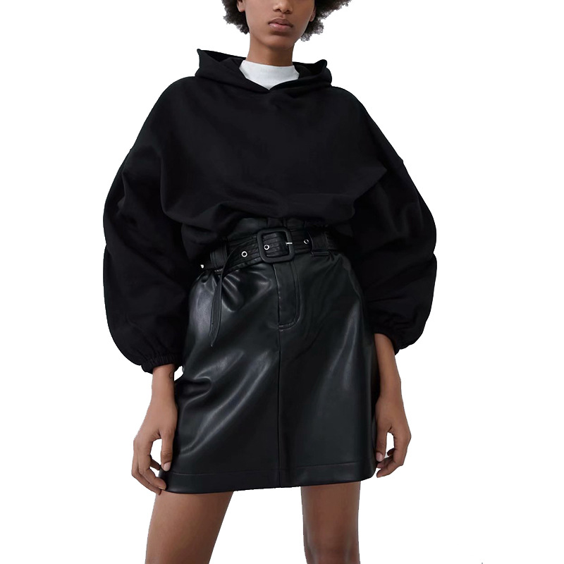 Pure color PU leather skirt