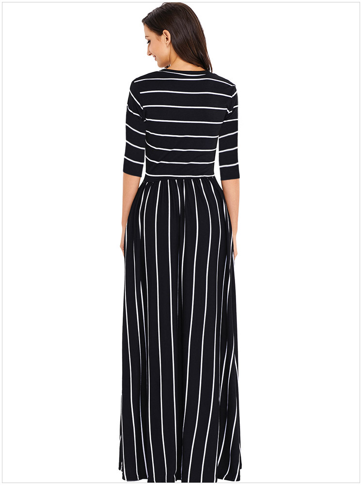 Striped round neck 3/4 sleeve high waist dress